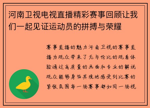 河南卫视电视直播精彩赛事回顾让我们一起见证运动员的拼搏与荣耀