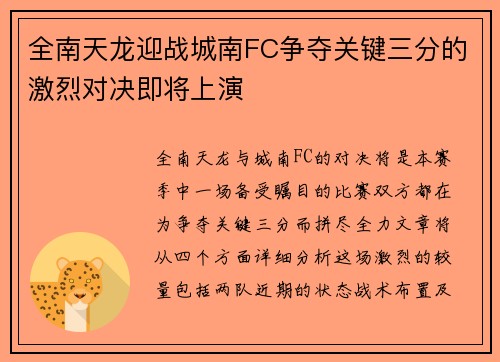 全南天龙迎战城南FC争夺关键三分的激烈对决即将上演